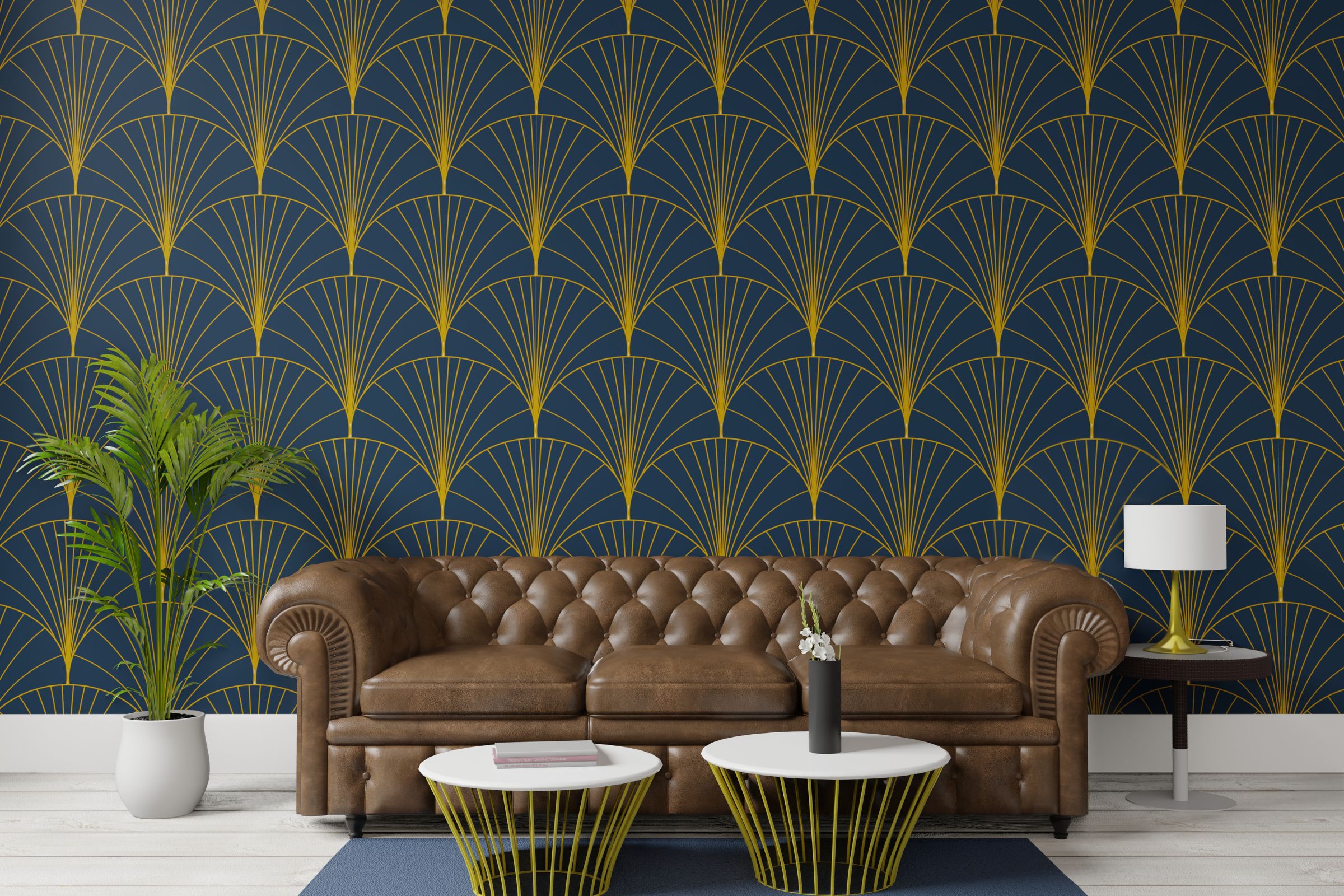 Luxury art deco wallpaper installation in a living room