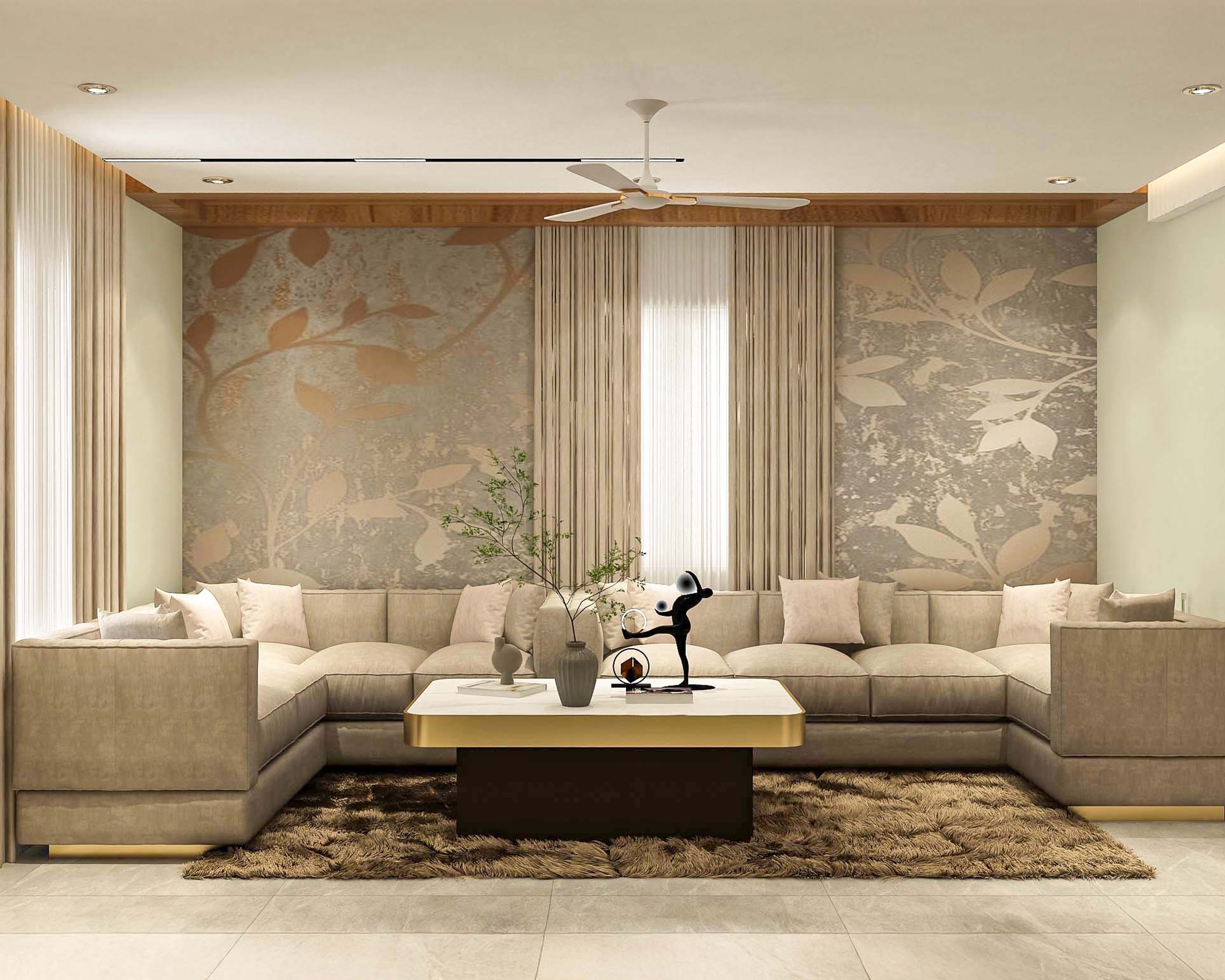 Elegant living room with large wallpaper mural