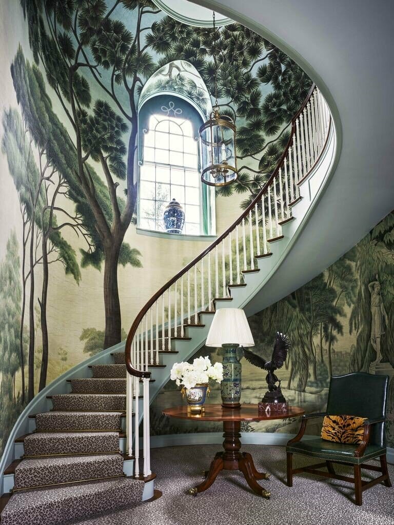 Dramatic staircase feature wall with botanical mural