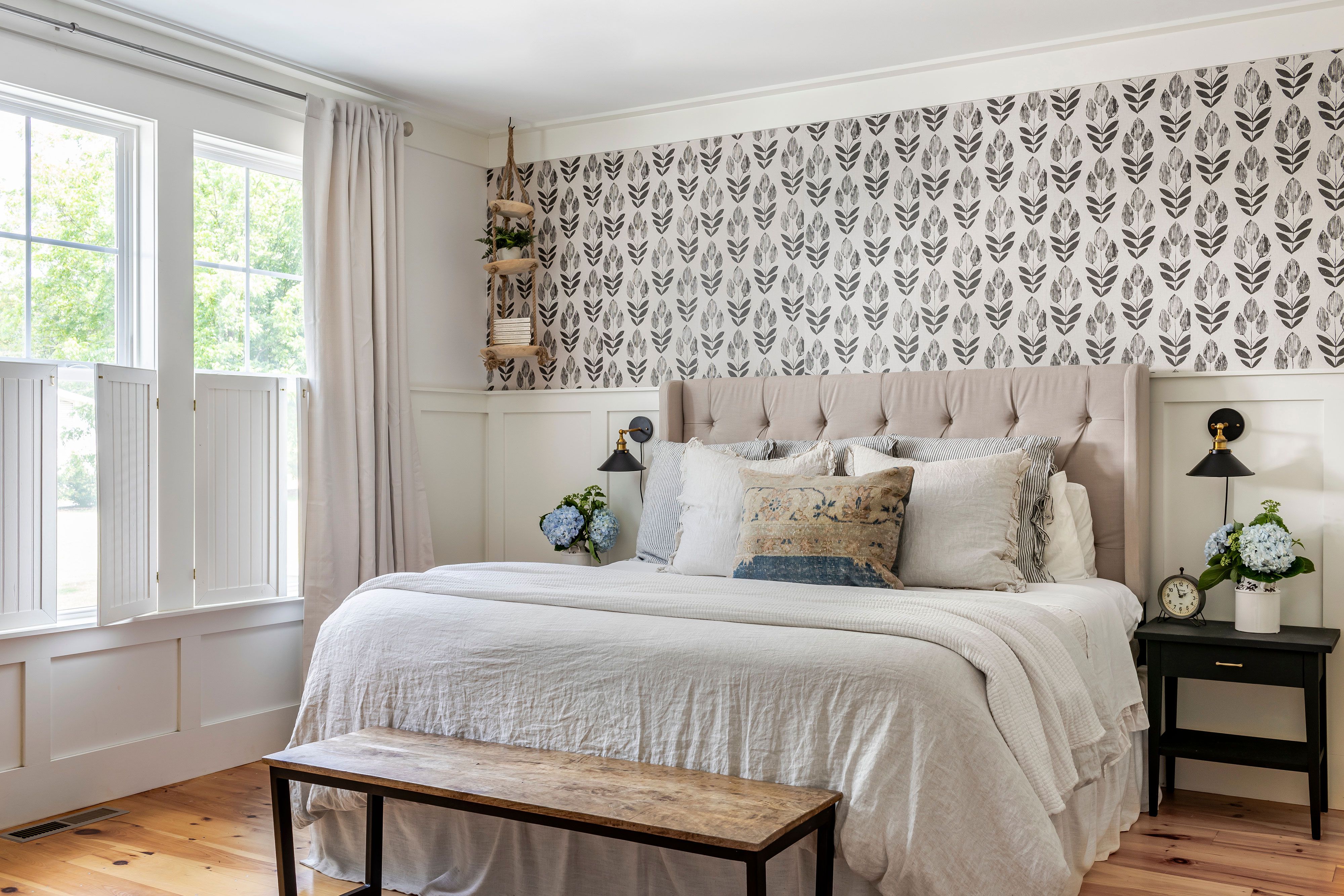 Elegant bedroom with patterned statement wall